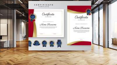 Modern elegant red and gold certificate of achievement template with gold badge and border. Designed for diploma, award, business, university, school, background and corporate. Wall mural