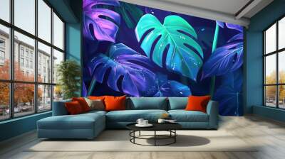 A background of neon Monstera deliciosa leaves  Wall mural