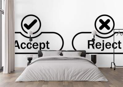 Accept and reject button icon with tick and cross symbol in black color stroke style. Right and wrong buttons symbols. Check box icon with right and wrong sign. Vector Wall mural