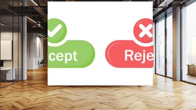 Accept and reject button icon with tick and cross symbol in green and red color. Right and wrong buttons symbols. Check box icon with right and wrong sign. Vector Wall mural