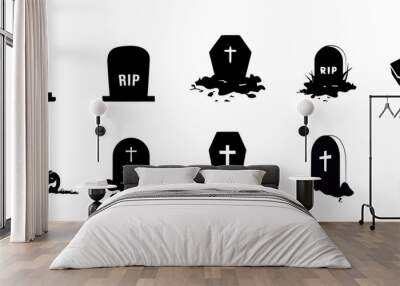 Spooky tombstone vector illustration. RIP gravestone for Halloween, cemetery or tomb, stone crosses on white background. Halloween, funeral concept design. Wall mural