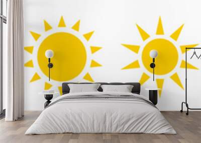 Sun vector set of six in yellow color on white background. Sun simple icons collection. Yellow sun icon set, sunshine and solar glow, sunrise or sunset. Vector illustration. Wall mural