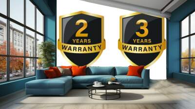 Warranty shield logo with ribbon set of one, two, three and five years warranty with shiny effect in golden color. 1, 2, 3, 5 years warranty logo in shield. Vector warranty logo set. Wall mural