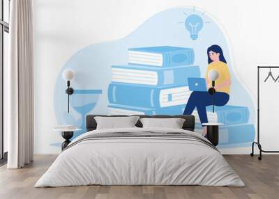 A woman is reading and searching to gain new knowledge concept flat illustration Wall mural