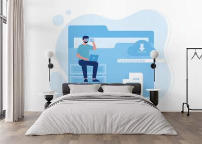 Business man sitting with laptop and data input trending concept flat illustration Wall mural