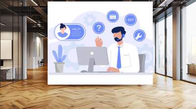 Customer service, hotline operators consult customers with headsets on computers, 24 hours global online technical support, Call center. Modern vector flat illustration Wall mural