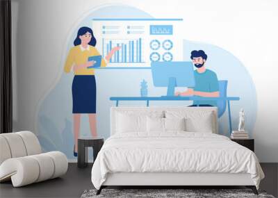 Employees analyze stock market and financial charts concept flat illustration Wall mural