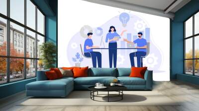 Workers are sitting at the negotiating table, collective thinking and brainstorming, company information analytics. Modern vector flat illustration Wall mural