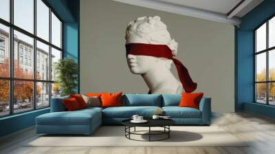 Closeup shot. Ancient marble bust statue of roman era woman blindfolded. Isolated on grey background. Wall mural