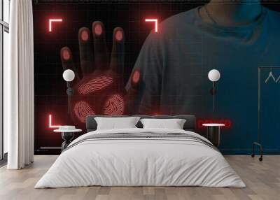 Man hand touches glass screen panel, holographic scanner interface scanning prints on male palm checking safety identification, access denied. Wall mural