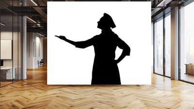 Portrait of black silhouette cook girl in toque is gesticulating praising their dishes on white background. Profile view Wall mural