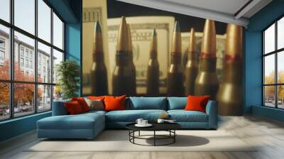 Rows of rifle cartridges on the background of dollar bills close up. The concept of the sale of weapons under lendlease, help with weapons, hired work in the army, ammunition trade. Wall mural