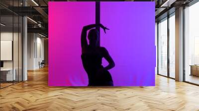 Silhouette of a woman dancing high hills against a window with neon light Wall mural