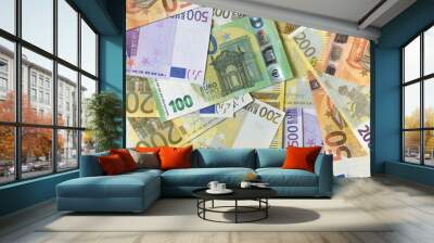 Euro banknotes, flat lay top view. Close-up Wall mural