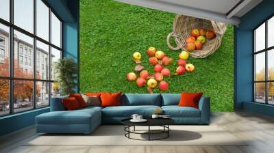 Ripe apples scattered from the basket. Autumn still life. space for text Wall mural