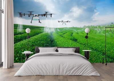 Agriculture drone fly to sprayed fertilizer on the green tea fields, Smart farm 4.0 concept Wall mural