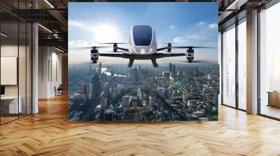 Autonomous driverless aerial vehicle flying on city background, Future transportation with 5G technology concept Wall mural