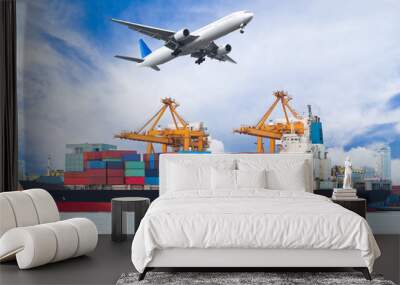 cargo plane flying above ship port for logistic import export background Wall mural