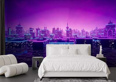 Metaverse city or cyberpunk concept, 3d render Wall mural