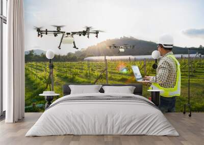 Technician farmer use wifi computer control agriculture drone fly to sprayed fertilizer on grape field, Smart farm concept Wall mural