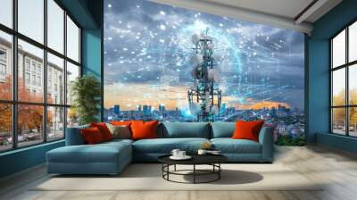 Telecommunication tower with 5G cellular network antenna on city background, Global connection and internet network concept Wall mural