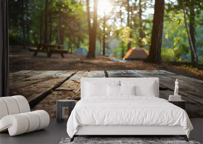 A wooden table with a tent in the background  Wall mural