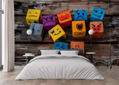 idea of many emotions illustrated on vibrant cubes on a wooden backdrop Wall mural