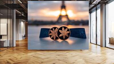 the 2024 Summer Olympics in Paris, France. Gold, silver, and bronze medals on blue ribbons set against the backdrop of the Eiffel Tower Wall mural