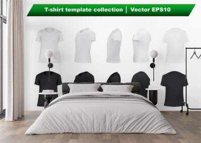 T-shirt template set, blank black and white shirt front, side, perspective, rear views, different angles, vector eps10 illustration isolated on white background Wall mural