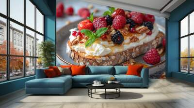 Mediterranean breakfast toast with fresh berries and cottage homemade cheese with honey. Diet balanced sweet dessert. Wall mural