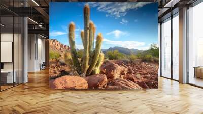 spiky cactus in arid desert landscape bright sky rocky terrain and exotic green flora in the southwestern wilderness Wall mural