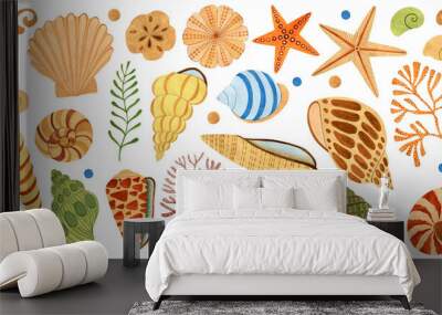 Seashells, starfish, corals, algae, set of watercolor illustrations isolated on a white background.  Wall mural