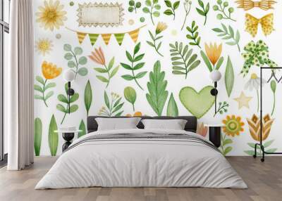 Set of cute watercolor illustrations of flowers, leaves, branches isolated on white background. Wall mural