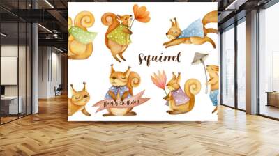 Set of watercolor illustrations of squirrels. Autumn elements. Wall mural