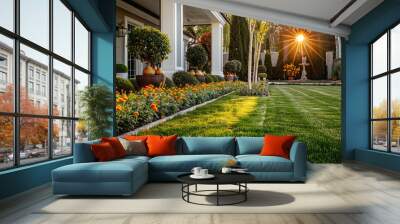 Luxurious front yard with tall ornamental pears and short marigolds, perfectly manicured lawn Wall mural