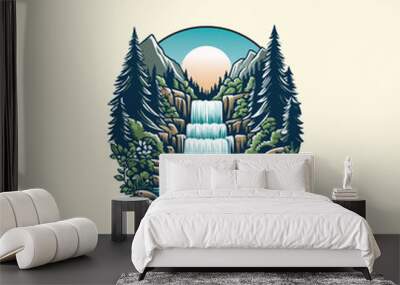 WATERFALL IN THE FOREST WATERFALL IN THE MOUNTAINS ILLUSTRATION FOR LOGO BADGES POSTER EMBLEM Wall mural