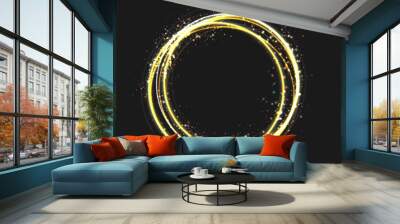 Gold circle light effect with round glowing elements, particles and stars on dark background. Shiny glamour sparkle design elements for the Christmas, night party, birthday party with sequins, glitter Wall mural