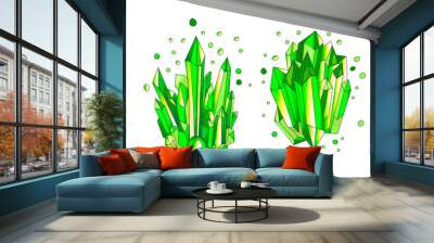 Green emerald crystal, cartoon cute vector Quartz illustration. Quartz Crystal druse, green princess grain and crown on white. Cartoon bright green cute semiprecious stones of Quartz Wall mural