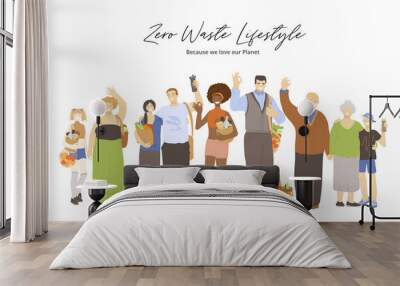 Group of happy joyful people holding zero waste products in hands - bags, kitchen and beauty produts, and showing OK sign. Zero Waste Lifestyle concept with big family Wall mural