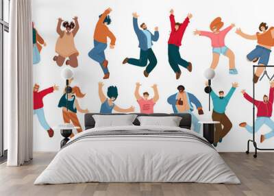 Group of happy people jumping on a white background. Young joyful jumping and dancing multiracial people with raised hands. Happiness, freedom, motion and motivational concept Wall mural