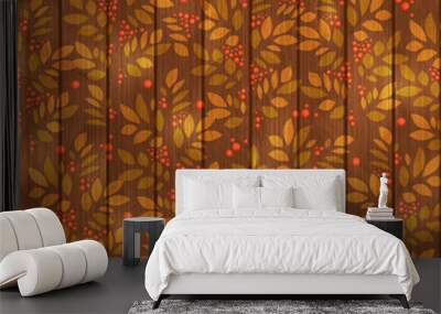 Leaves endless pattern with leaf and berry on wooden background Wall mural