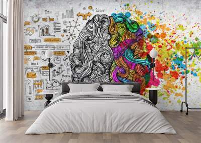 left right human brain concept, textured illustration. creative left and right part of human brain,  Wall mural