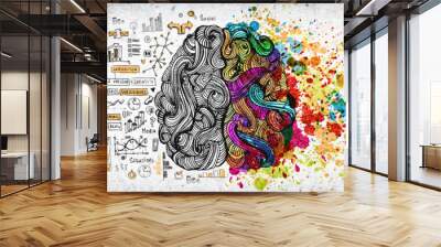 Left right human brain concept, textured illustration. Creative left and right part of human brain, emotial and logic parts concept with social and business doodle illustration of left side, and art Wall mural