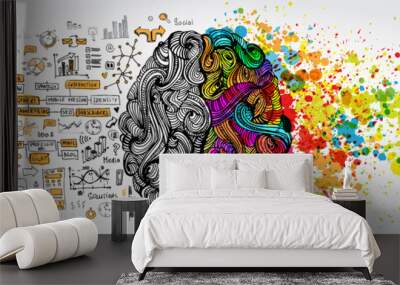 Left right human brain concept. Creative part and logic part with social and business doodle Wall mural