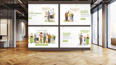 Set of Landing Page Templates of Happy Joyful People, Holding Zero Waste Products in Hands - bags, kitchen and beauty produts, and showing OK sign. Zero Waste Lifestyle concepts with big family. Wall mural