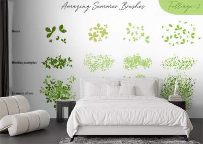 Set of summer vector foliage ecology brushes - silhouettes of summer leaves, foliage of trees, different greenery types isolated on white, vector illustration brush nature collection Wall mural