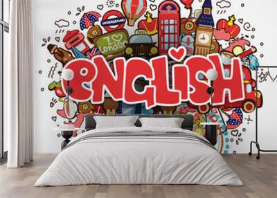 Word ENGLISH on white background with england elements and objects - educational and travelling concept. Vector fun cartoon illustration with word English and national objects. Set of Fun cartooning Wall mural