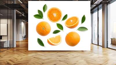 Group of slices, whole of fresh orange fruits and leaves isolated on white background. Top view Wall mural