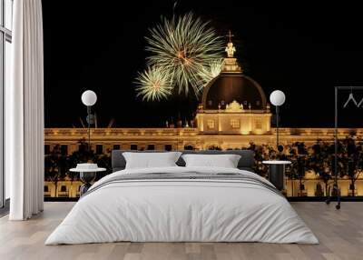 Bastille Day fireworks over Grand Hotel-Dieu. Lyon, France. Wall mural