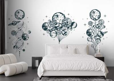 Celestial compositions with a girl holding a bunch of balloons-planets, dna surrounded by space bodies and mystical twig. Hand drawn vector illustrations for print, poster, tattoo and greeting card. Wall mural